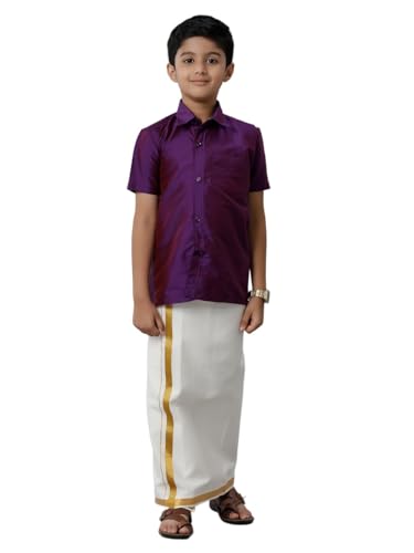 Image of RAMRAJ COTTON Boys Silk Cotton Shirt With Adjustable Cream Dhoti Perfect For Ceremonies| Festivals| And Special Occasions