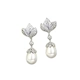Pendientes colgantes de plata con flor de circonita y perlas de imitación para mujer, elegantes aretes colgantes para cumpleaños, bodas, fiestas