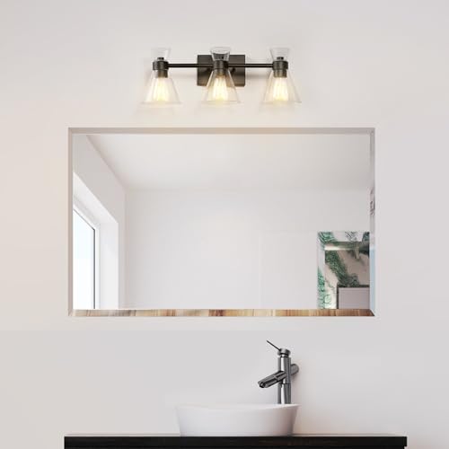 Image of Globe Electric 63000055 3-Light Vanity Light, Matte Black, Clear Glass Shades, Bathroom Lights Over Mirror, Lights for Bathroom, Powder Room Lighting, Makeup Mirror Lights, Home Decor, Bathroom Decor