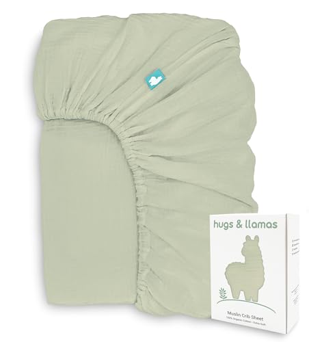 Image of Hugs & Llamas | 100% Organic Cotton Muslin Fitted Crib Sheet | Baby Crib Sheets for Boys & Girls | Neutral (Organic Olive)