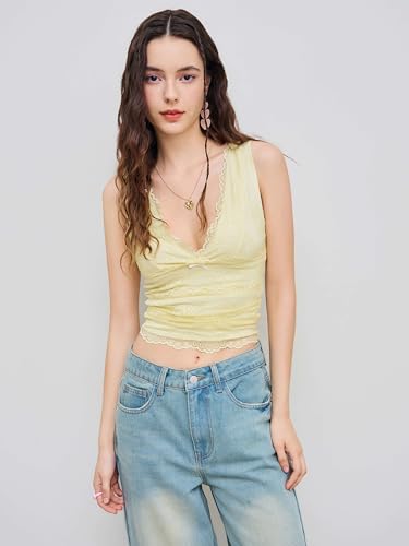 Image of CIDER Lace Crop Tank Tops for Women Going Out V Neck Sleeveless Ruched Tops Trendy Y2K Summer Outfits