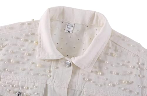 Womens Solid Color Long Sleeve Denim Jacket Pearls Beading Jean Jacket Coat3