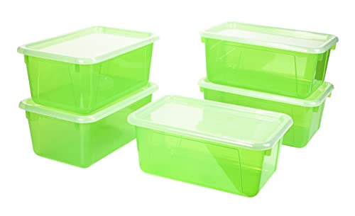 Image of Storex Small Cubby Bins - Plastic Storage Containers for Classroom with Non-Snap Lid, 12.2 x 7.8 x 5.1 inches, Tint Green, 5-Pack (62483U05C)