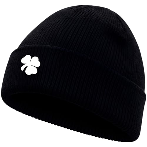 Image of Funabridge Beanie Hat Black, Four Leaf Clover Embroidered Knit Beanie, Acrylic Warm Antifreeze Cap, 8.3 x 6.7 in / 21 x 17 cm, Unisex Fashion Accessory