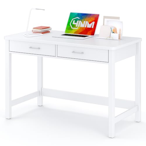 Image of 4NM 39.4 inch Small Desk with Wood Drawers, Home Office Computer Desk with Wooden Legs, Study Writing Table Vanity Desk for Small Spaces - White