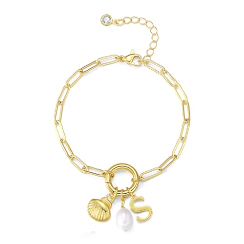 Charm Bracelets for Women - Gold Shell & Pearl Bracelets with Initial & Letter Charms