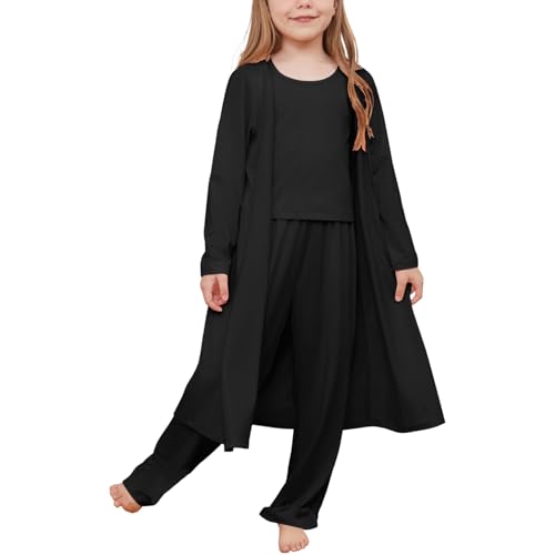 QPANCY Girls 3 Pieces Pajamas Kids Casual Loungewear Open Front Coat Tank Top Pants Pjs Set