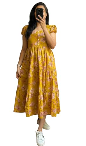 Image of Women's Cotton Blend Maxi Midi Dress Western Dress for Women Elegant Floral Printed Long Dresses