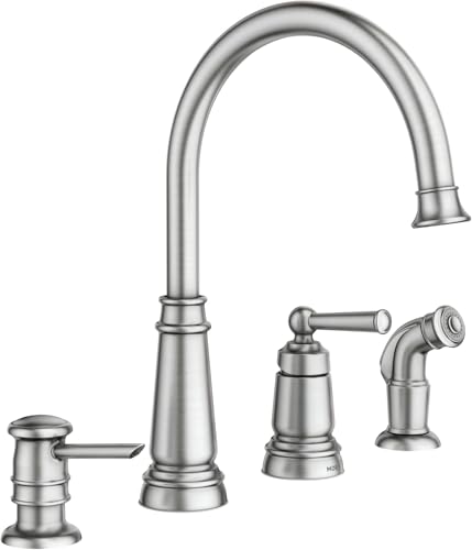 Moen-Spot-Resist-Stainless-One-Handle-High-Arc-4-hole-Kitchen-Faucet-with-Side-Sprayer-and-Soap-Dispenser-87042SRS Moen Spot Resist Stainless One Handle High Arc 4 hole Kitchen Faucet with Side Sprayer and Soap Dispenser 87042SRS