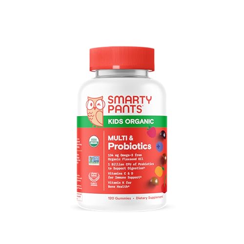 SmartyPants Organic Kids Multivitamin Gummies: Probiotics, Omega 3 (ALA), Vitamin D3, C, Vitamin B12, B6, A, K & Zinc for Immune Support, Biotin, Three Fruit Flavors, 120 Count (30 Day Supply)