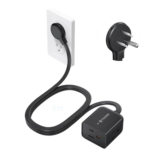 Image of TROND Flat Plug Extension Cord 5 ft- Rightward Lower Profile Power Strip, No Blocking 3 Way Outlets, Three Prong, 1625W, Small for Tight Space Behind Furniture Indoor Home Office Cruise Travel, Black