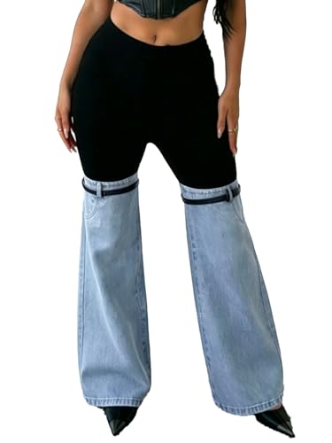 Nihsatin Women's Two Tone Denim Patchwork Flared Pants High Waisted Color Block Bell Bottom Jeans Pants