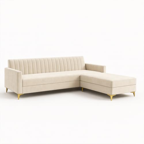Image of SOCOZI Morello 4 Seater L Shape Sofa Set with Movable Ottoman | Flexible Left or Right Layout | Soft Velvet Suede Fabric | Modern Design | Plush Comfort Cushions for Living Room (Cream)