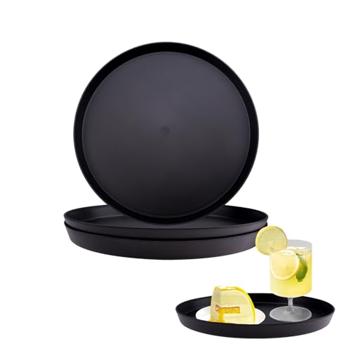 Rongxze 3 Pcs Round Trays, Black Serving Trays, 29cm, Plastic, Reusable, Stackable, Shatterproof, For Kitchen, Parties, Restaurants, Events