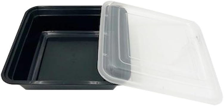 48oz Food Prep Containers with Black Base & Clear Lids - Square & 2" Depth Microwavable Disposable Freezer-Safe BPA-Free Plastic Meal Storage, Combo Pack of 50 sets