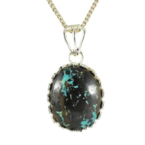 Colgante de turquesa tibetana natural y plata 925 ovalado negro y verde gmpd_0082 con cadena