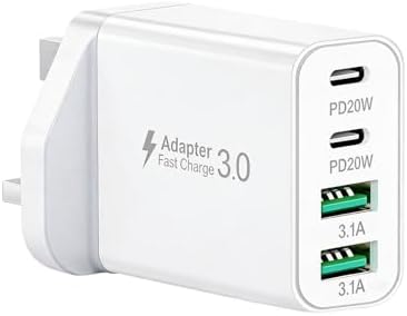 40W USB C Plug, 4-Port Fast Charger Plug UK, Dual Port PD Power A...