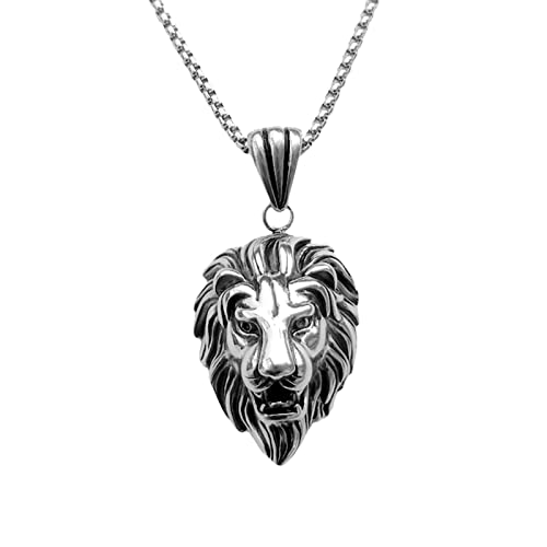 EMSea Collier avec pendentif en forme de tête de lion en acier titane 316-21 cm - Style rock punk - Pour homme, ami, fils, Titane Argent