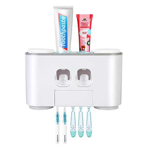 Yewclls Zahnbürstenhalter - Zahnbürstenhalter Wand und Zahnpastaspender Set für Kinder und Erwachsene, 2 Zahnpastaspender Automatisch mit 5 Zahnbürstenschlitze und 4 Tassen, Ohne Bohren Cover