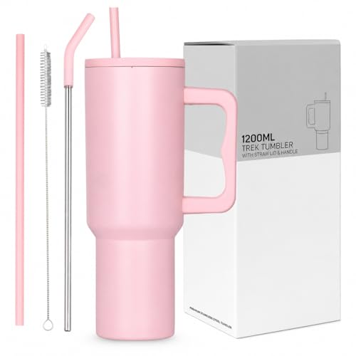 Image of Tumbler with Handle and Straw Lid, Reusable Cup Leakproof Iced Coffee Sipper Mug for Keeping Beverages Water Hot or Cold, Perfect for Travel, Gym 1.2L (Pink)