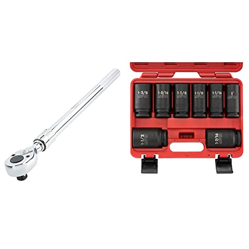Neiko 03069A 3/4-Inch-Drive Extendable Ratchet Handle, 24-Tooth Reversible Ratcheting Feature, Extends 24 To 39 3/4 Inches & 02461A 3/4 Inch Drive Impact Socket Set #TOP25