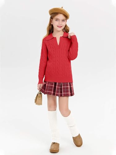 Image of Girls Sweaters Kids Fashion Cable Knit Collared V Neck Pullover Sweater Tops 5-14 Years