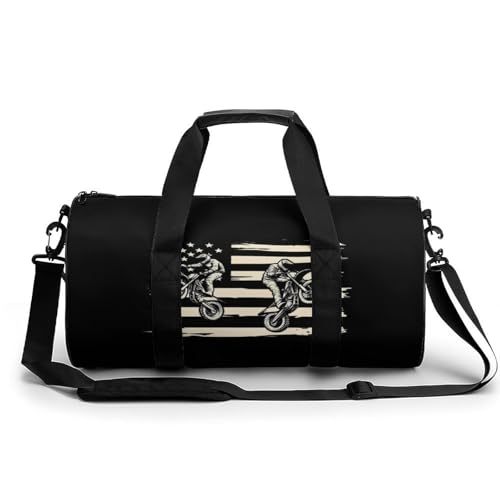 Vintage U.S.A Flag Motocross Dirt Bike Compact Gym Bag Travel Duffel Bags Lightweight Foldable Sports Tote Gymbag