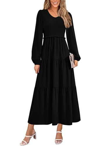 Image of PRETTYGARDEN Fall Dresses for Women 2025 Casual Long Sleeve V Neck Smocked A Line Long Flowy Wedding Guest Dress