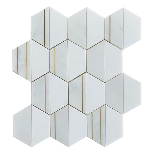 Tenedos HTCES White Marble & Brass Hexagon Mosaic Tile, Polished Natural Stone & Metal Backsplash for Kitchen, Bathroom, Shower Wall & Floor, 14.75" x 14.75" (1 Sheet)
