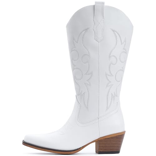 Image of IUV Cowboy Boots For Women Western Cowgirl Boots Mid Calf Snip Toe Boot With Chunky Heel