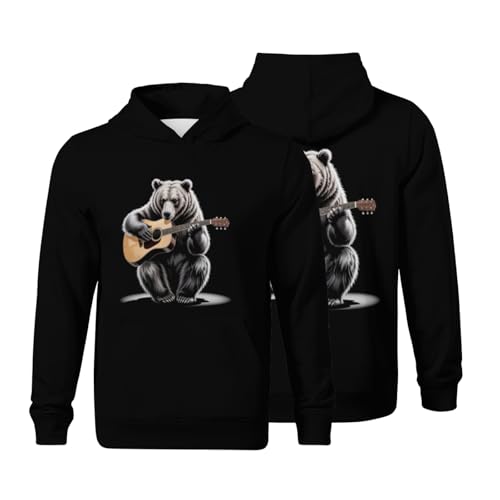 Kids Vintage Grizzly Bear Playing Guitar Boys Girls Lightweight Kangaroo Pocket Fleece Hoodies