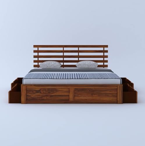 Image of Ganpati Arts Solid Sheesham Wood King Size Strap Bed with 4 Drawers Storage for Bedroom | Wooden Double Bed Cot Palang Furniture for Living Room Home and Hotel - (Honey Finish) 1 Year Warranty