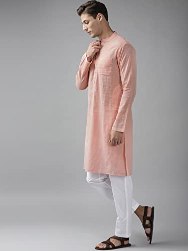 Image of See Designs Pink & White Cotton Regular Fit Kurta Set Madern Collar Stright Hem Side Full Sleeve Straght Kurta With Pyjama