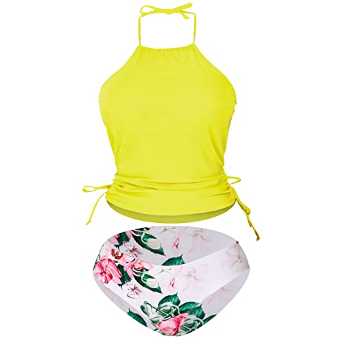 Braga Bikini Negro Talle Swimming Costume Women Traje De Baño Retro con Cordones para Colgar En El Cuello para Mujer Bikini Talla Grande Braga Alta Mujer con (Yellow L)