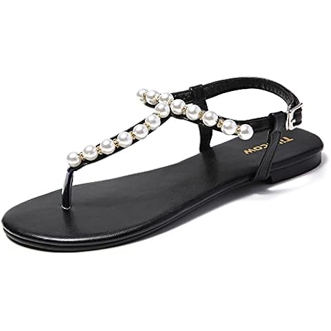 Tilocow Thong Pearl Flip Flops Flat Sandals for Women Casual T Strap Dress Sandals Summer Open Toe Shoes Women's Clip-Toe Flip Flops, Black, 5.5 UK Cover