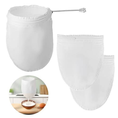 Pretwad Thai Tea Filter Fine Mesh Strainer Bags with Handle - 3 Pack - White - Cotton - Round - Strainer Bag - TEAS