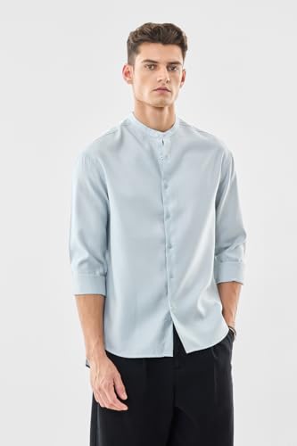 Image of SNITCH Men Casual Shirt | Oversized Fit Full Sleeve Mandarin Collar Solid Design | Modal Blend & Breathable Fabric for Everyday Wear & Semi-Formal Occasions