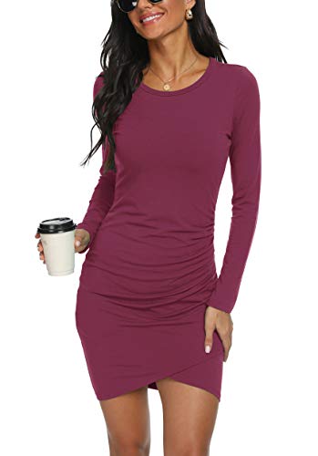 GRECERELLE Women's Casual Fashion Ruched Elegant Bodycon Party Dresses Long Sleeve Wrap Front Irregular Hem Mini Short Dress Red Gray-Small