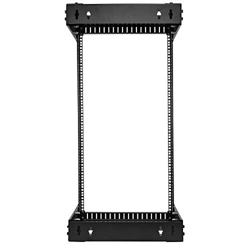 Image of StarTech 21U 2-Post Wall Mount Open Frame Rack, 19in (RACK-21U-20-WALL-OA) | Adjustable depth 12-20in, 2.0mm SPCC cold-rolled steel, M6 cage nuts and screws, Heavy-duty 90kg capacity