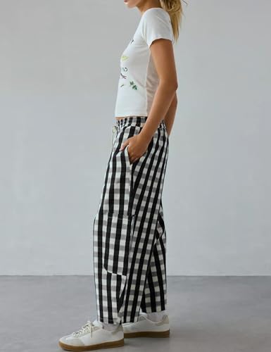Omoone Wide Leg Barrel Sweatpants Women Gingham Print Crop Baggy Pants High Waisted Cotton Trousers with Pockets3