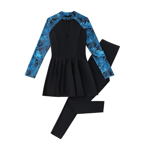 IDOPIP Ensemble Maillot de Bain Musulman 2 pièces – Manches Longues, Haut zippé avec Bonnets, Pantalon Taille Haute imprimé Tropical – Idéal Surf,...