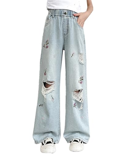 SANGTREE Kids Girls Wide-Leg Jeans Embroidered Ripped Denim Pants, 4-14 Years2