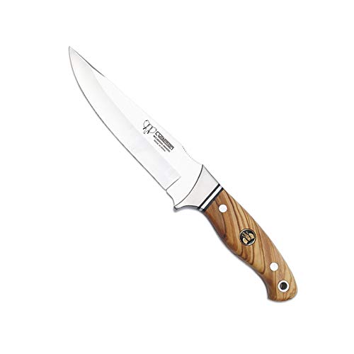 Cudeman Cuchillo 248-L hoja de acero ACX-380 de 15 cm empuñadura de madera de olivo de 11,5 cm para caza, pesca, supervivencia y bushcraft + Portabotellas regalo