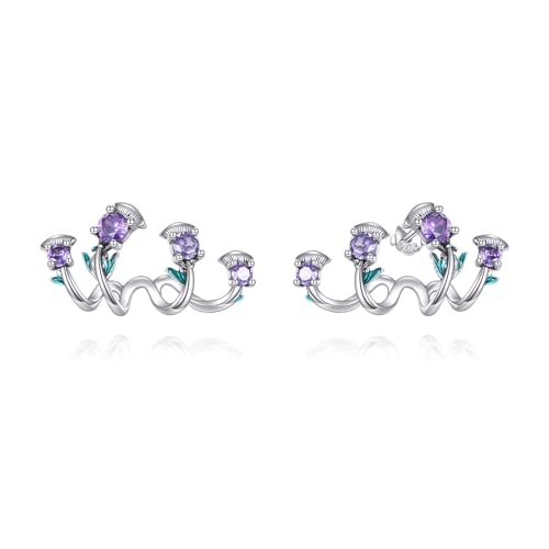 VONALA Pendientes de plata de ley 925 de cardo escocés, pendientes de puño de flor morada, regalo de joyería para mujeres, cumpleaños, Navidad, Plata de ley, Sin piedra preciosa
