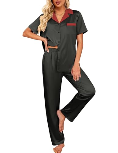 Image of Ekouaer Satin Pajamas Set for Women Silk Button Down Sleepwear Short Sleeve Loungewear 2 Pieces Nightwear