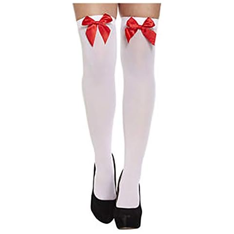 Ladies Thigh High Hold Up Stocking With Bow Womens Party Wear Costume Accessory/White Stocking With Red Bow Cover