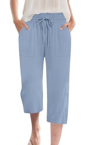 Womens Capri Pants Summer Wide Leg High Waisted Pants Drawstring Casual Trousers with Pockets