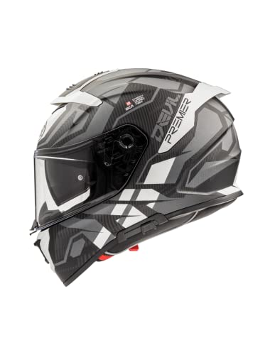 Il casco Devil easy fit con fodera interna traspirante, protezione UV e visiera Dark+IH include Bluetooth e pinlock con tecnologia real carbon e sistema di sgancio rapido di ultima generazione