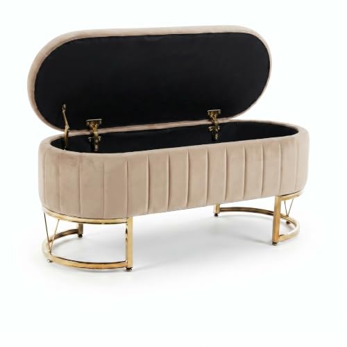 INTRECCI Panca Contenitore Tonda in Velluto | Grande Capacità 79L | Design Moderno ed Elegante con Gambe Oro | Colore: Tortora