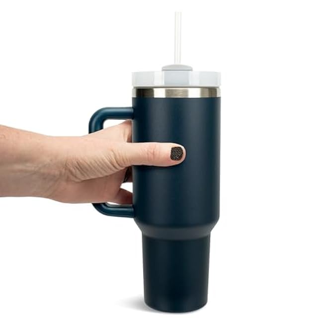 Elanze Designs Falling Snowflake Winter Snow Queen Wrap-Around 40 Oz. Stainless Steel Water Bottle Coffee Mug, Spill & Leak Resistant, Travel Tumbler with Handle, Lid & Straw, Navy Blue